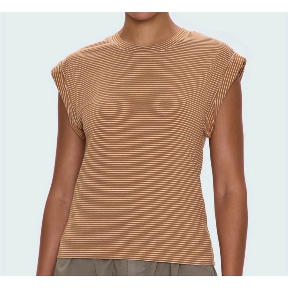 Pistola Olivia Striped Rolled Sleeve Tee Women Large Yellow Sleeveless Crew Neck
